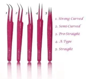 A set of six curved tweezers with different types.