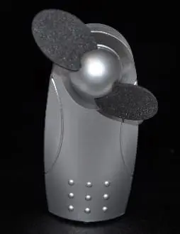 A silver object with two black blades on it.