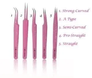 A pink set of tweezers with different types of curved and straight tips.