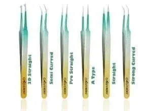 A set of eight tweezers with different types of curved and straight tips.