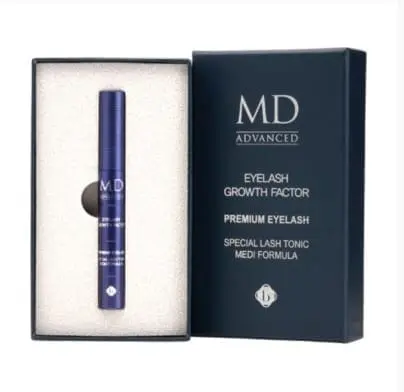 A box with the packaging of a blue eyelash growth factor.