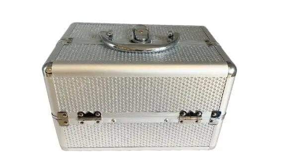 A silver case with a handle and lock.