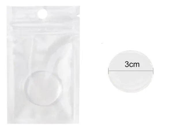 A bag of 3 cm clear plastic with a round seal.
