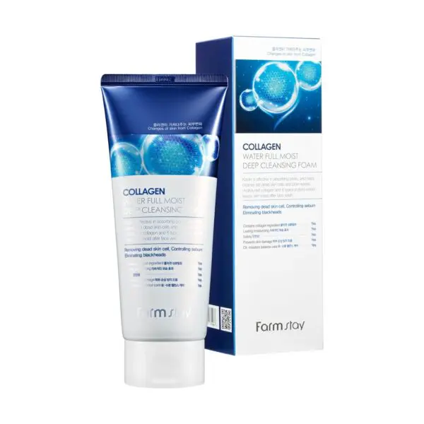 FarmStay Collagen Water Full Moist Deep Cleansing Foam – Hydrating Korean Cleanser for Supple, Firm Skin 6.08 oz