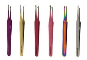 A set of four different colored tweezers.