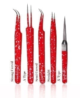 A set of six red tweezers with different sizes.