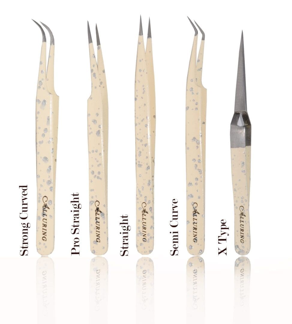 A set of six different types of tweezers.