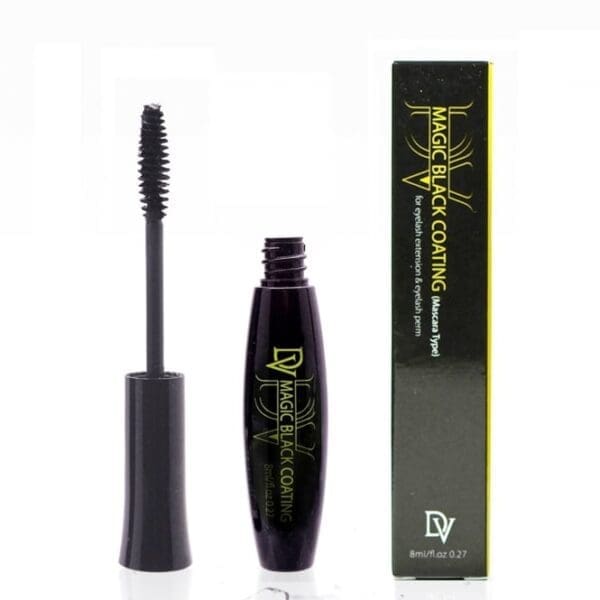 A black tube of mascara next to a box.