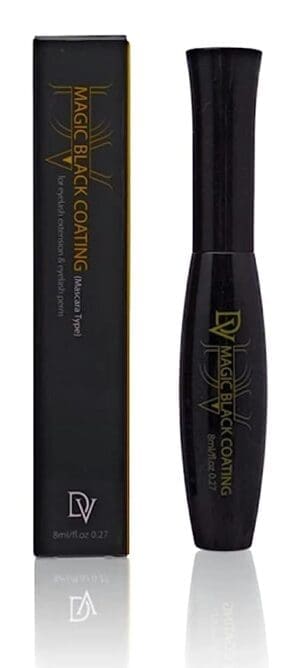 A black bottle of mascara next to its box.