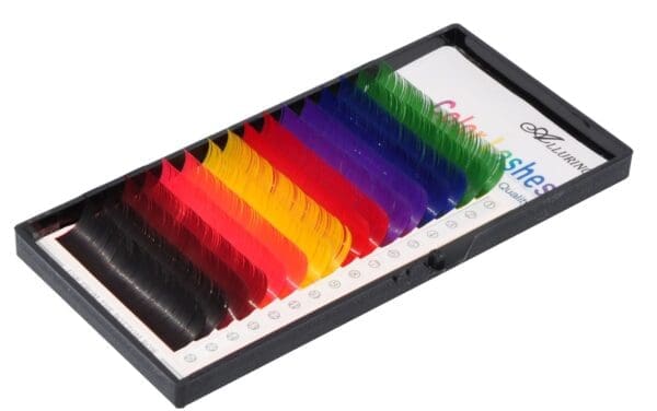 A box of colored lashes in different colors.