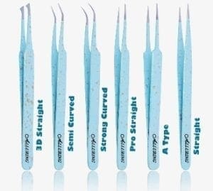 A set of eight different types of tweezers.