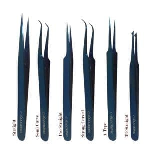 A set of six tweezers with different sizes and shapes.