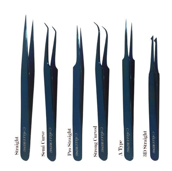 A set of six tweezers with different sizes and shapes.