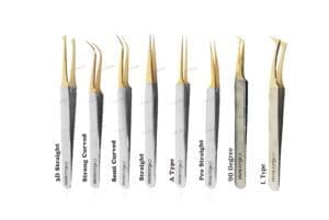 A set of ten tweezers with different types of blades.