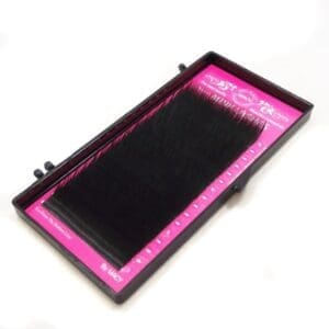 A tray with pink and black dividers on top of it.