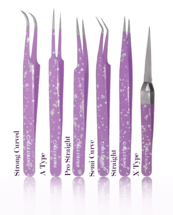 A set of seven purple tweezers with different shapes and sizes.