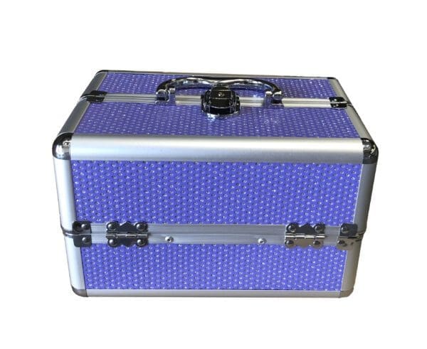 A blue and silver case with a lock on top of it.