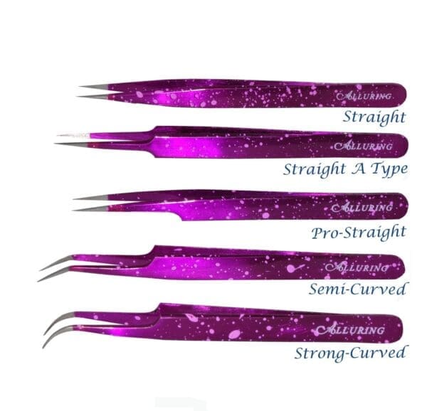 A purple set of tweezers with different shapes and sizes.