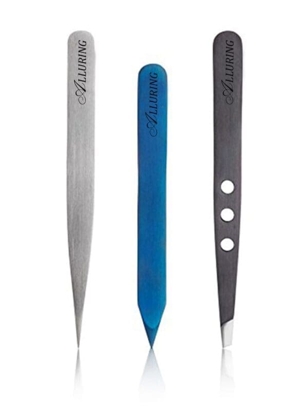 A set of three tweezers with different shapes and sizes.