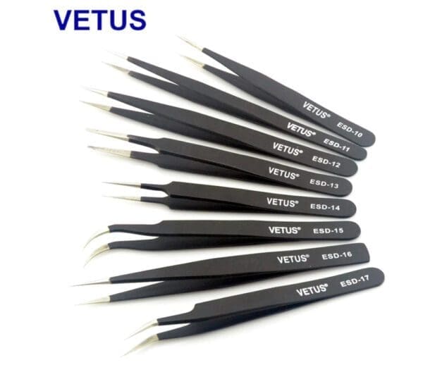 A set of 1 0 pairs of black plastic tweezers.