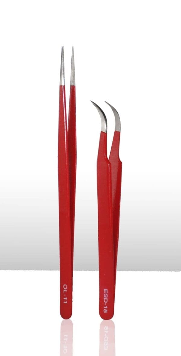 A pair of red tweezers with curved tips.