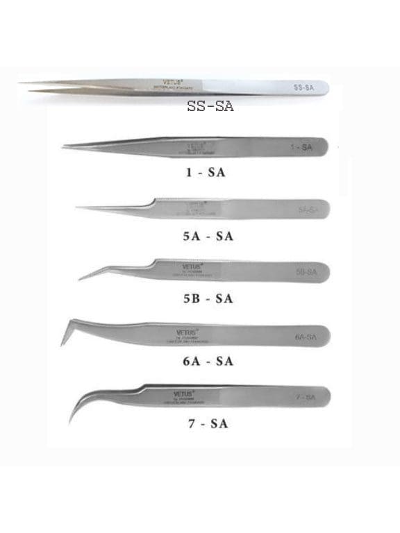 A set of six tweezers with different sizes.