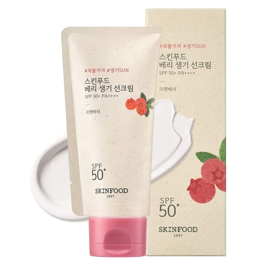 SKINFOOD Berry Glowing Sun Cream SPF 50+ Vegan Korean Sunscreen with Cranberry Extract & Eco-Friendly Packaging (50ml)