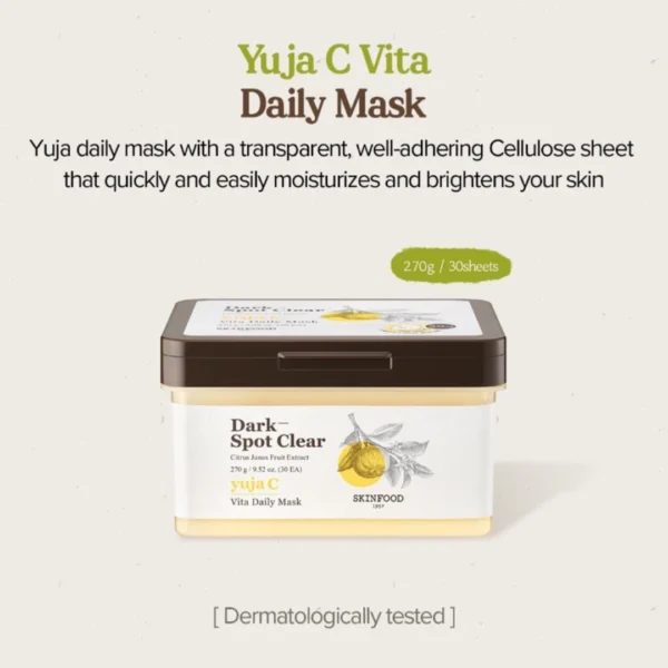 SKINFOOD Yuja C Vita Daily Sheet Mask – 30 Sheets (9.52 oz) – Brightening, Quick Blemish care, Even the skin tone, Dark-Spot Clear